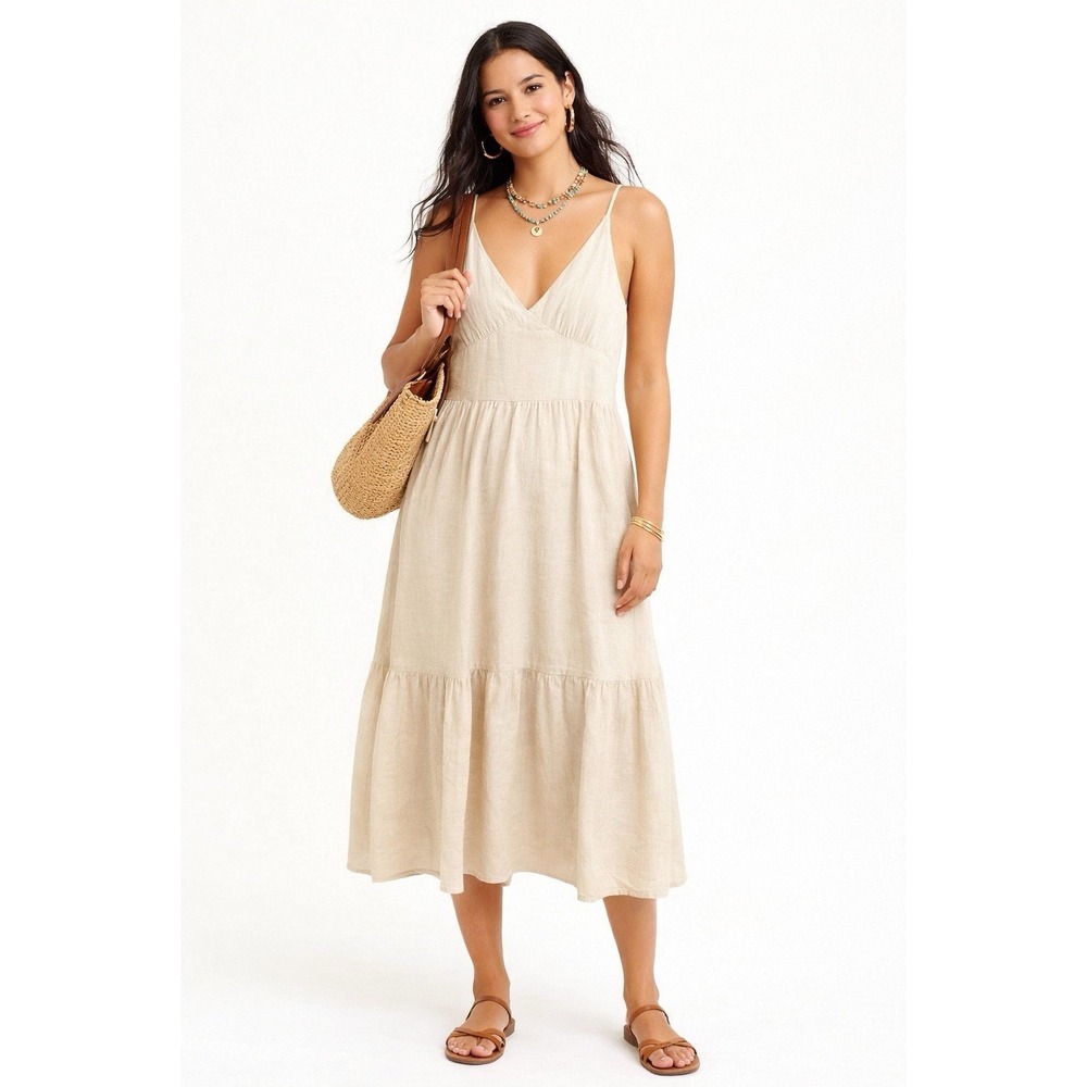 Women's Japna Dress Cottagecore Midi Minimalist Tan Beige M Boho Costal Vacation